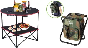 LEADALLWAY Camping Table Folding Picnic Table with 4 Cup Holders Backpack Fishing Chair with Cooler Bag Foldable Stool Set