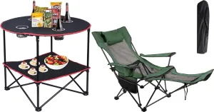 LEADALLWAY Camping Table Folding Picnic Table with 4 Cup Holders Camping Folding Chair with Foot Rest