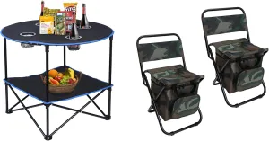 LEADALLWAY Folding Picnic Table Portable Outdoor Camping Table with 4 Cup Holders and Carrying Bags 2 Piece Fishing Chair with Cooler Bag