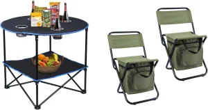 LEADALLWAY Folding Picnic Table Portable Outdoor Camping Table with 4 Cup Holders and Carrying Bags 2 Piece Fishing Chair with Cooler Bag