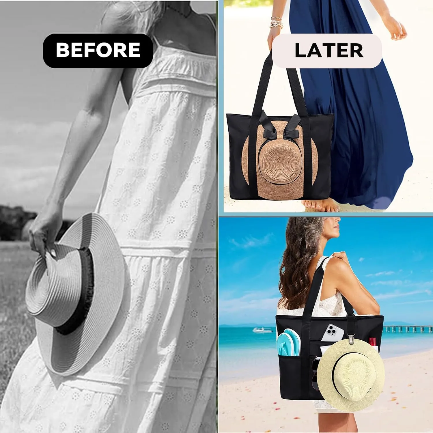 LEDAOU Beach Bags for Women, Beach Bags Waterproof Sandproof, Packable Beach Tote Bag with Zipper Travel Sports