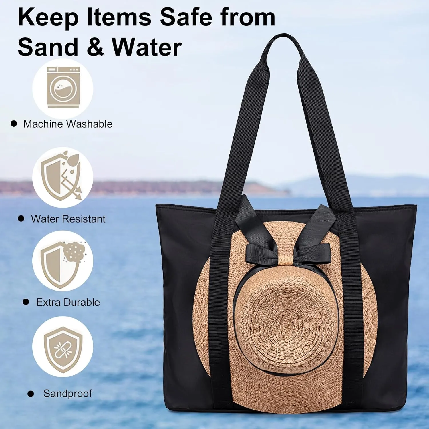 LEDAOU Beach Bags for Women, Beach Bags Waterproof Sandproof, Packable Beach Tote Bag with Zipper Travel Sports