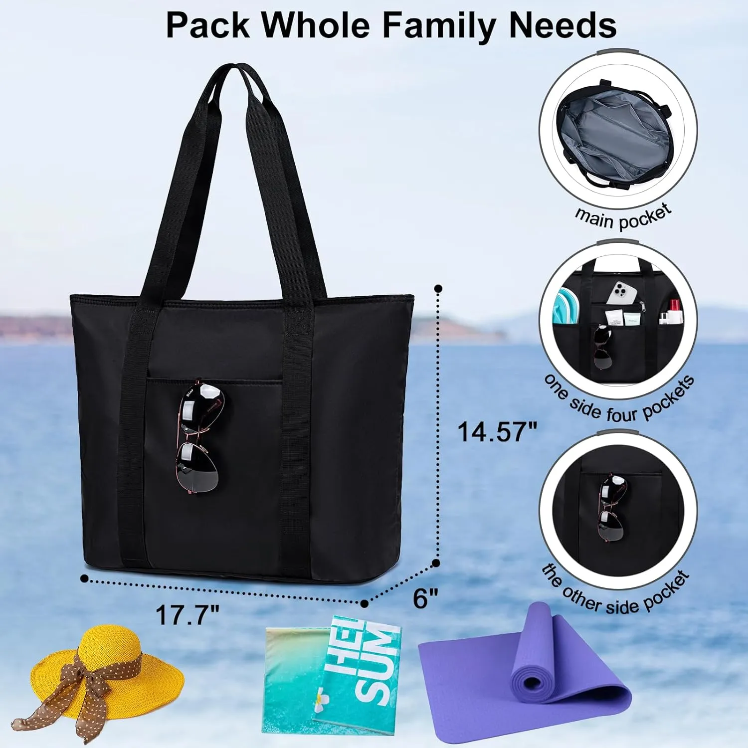 LEDAOU Beach Bags for Women, Beach Bags Waterproof Sandproof, Packable Beach Tote Bag with Zipper Travel Sports