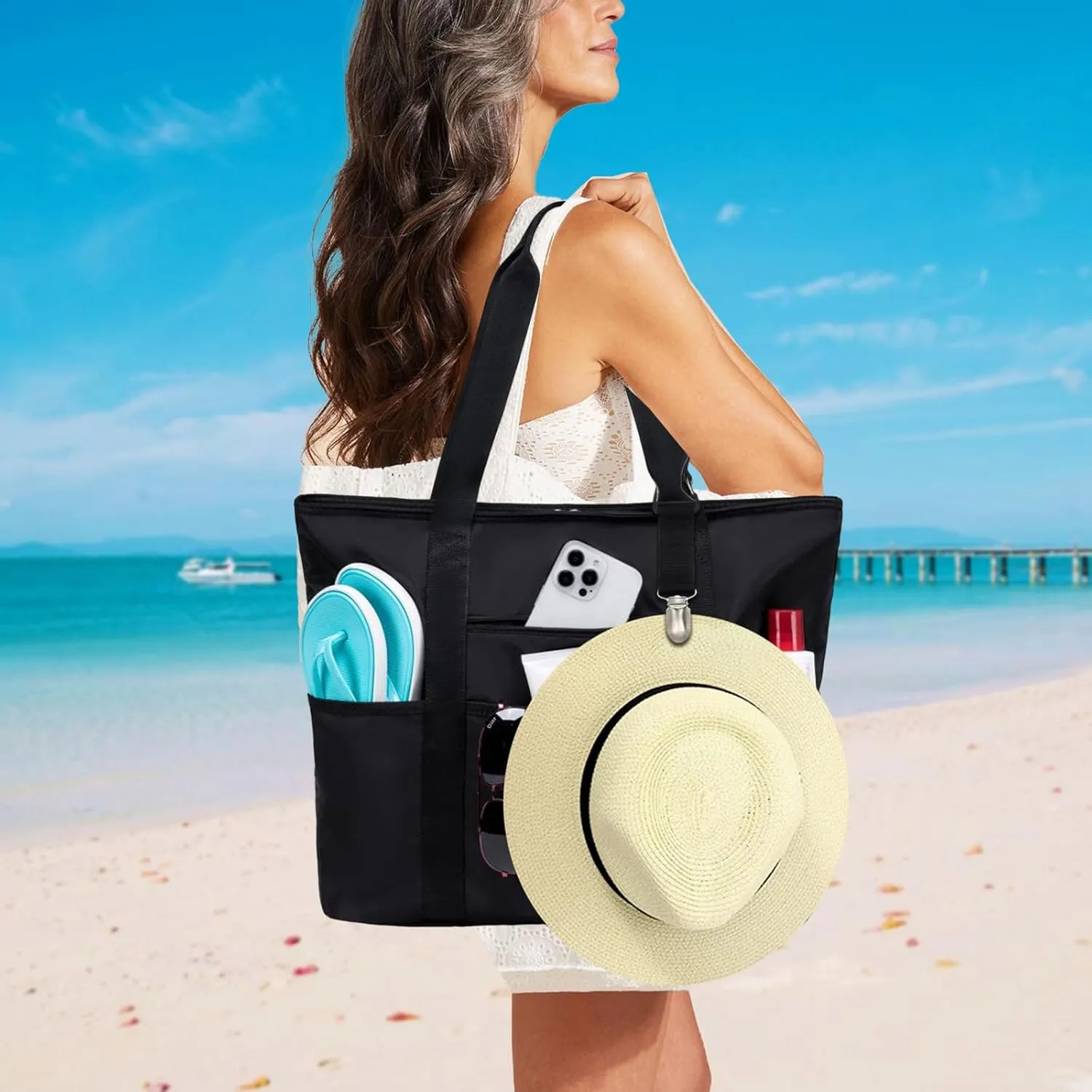 LEDAOU Beach Bags for Women, Beach Bags Waterproof Sandproof, Packable Beach Tote Bag with Zipper Travel Sports