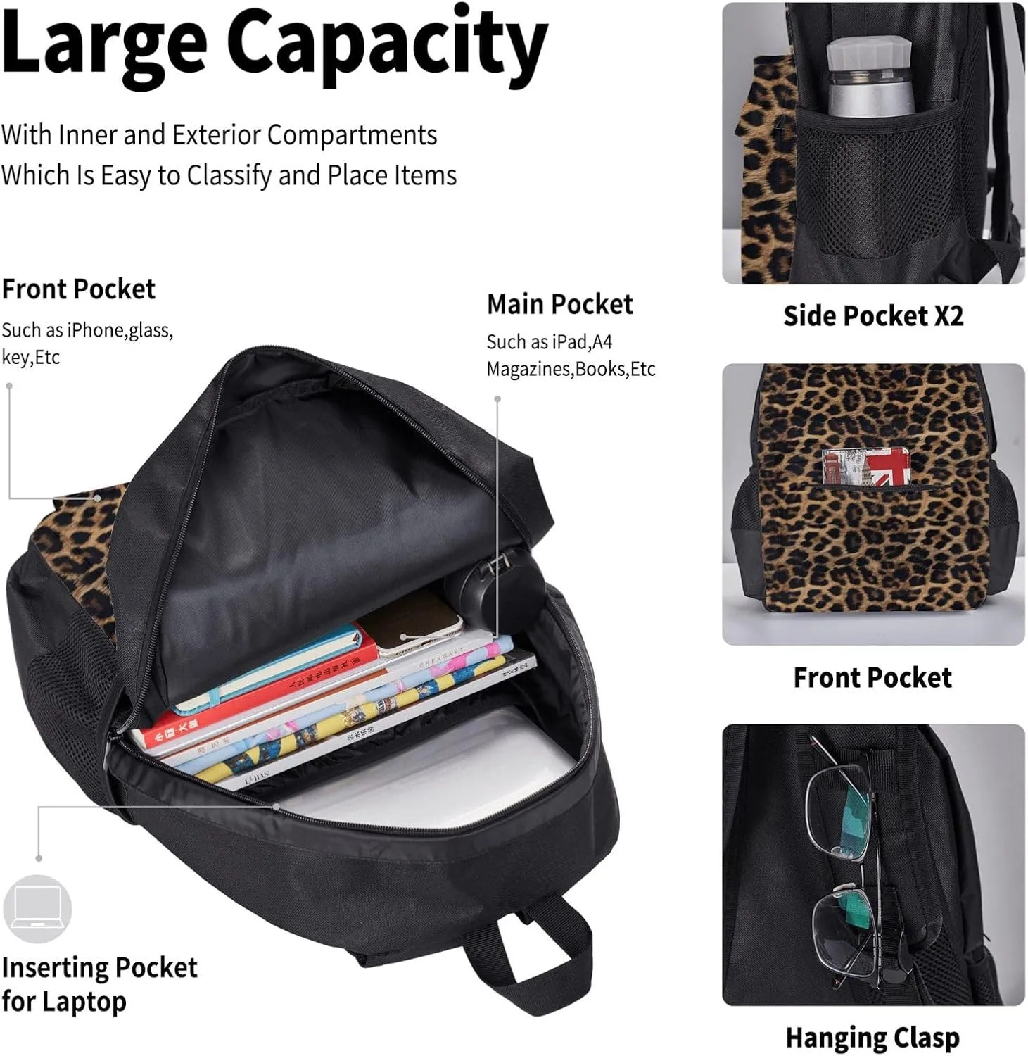 Leopard Animal Print_58134179 Multifunctional Pocket Backpack Crossbody Lunch Bag Pencil Case 3Pcs Set Large Capacity Backpack