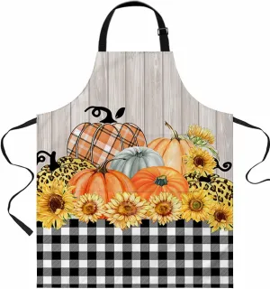 Leopard Checkered Pumpkin Waterproof Apron With Pockets,Fall Thanksgiving Sunflower Wooden Board Kitchen Chefs Bib Cooking BBQ Grill Bake Adjustable Aprons for Women Garden Grooming Painting Gardening