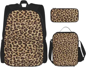 Leopard Pattern Print Versatile Adjustable Shoulder Fashion Backpack Lunch Bag Pencil Case Large Capacity