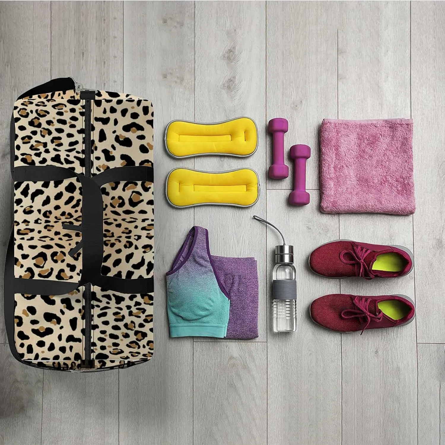 Leopard Sports Duffel Bag Travel Gym Tote Bags Lightweight Durable Shoulder Strap Waterproof Polyester Outside Mesh Pocket Overnight Trip Duffel Bag for Women Men