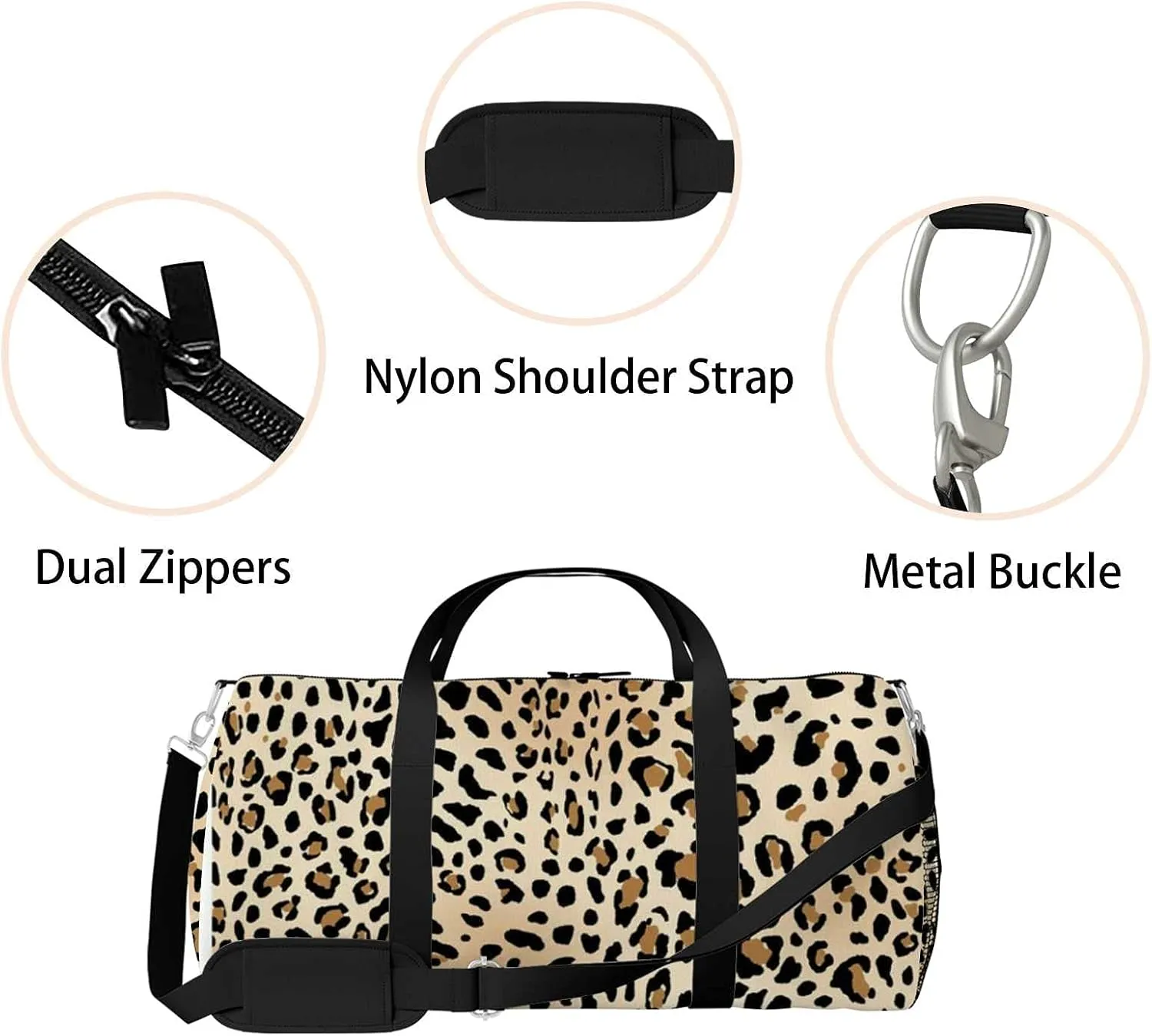 Leopard Sports Duffel Bag Travel Gym Tote Bags Lightweight Durable Shoulder Strap Waterproof Polyester Outside Mesh Pocket Overnight Trip Duffel Bag for Women Men