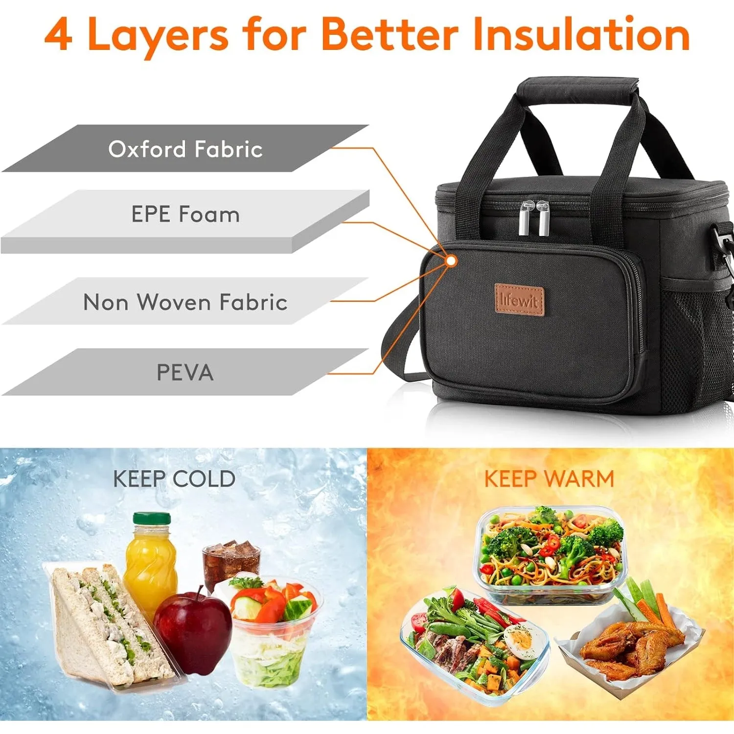 Lifewit Large Lunch Bag Insulated Lunch Box Soft Cooler Cooling Tote for Adult Men Women, Black 12-Can (8.5L), 10"× 6.7" × 8"
