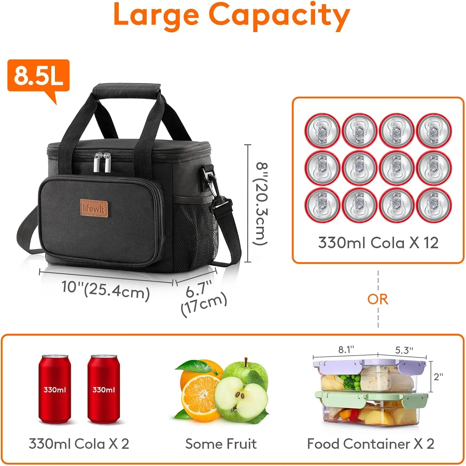 Lifewit Large Lunch Bag Insulated Lunch Box Soft Cooler Cooling Tote for Adult Men Women, Black 12-Can (8.5L), 10"× 6.7" × 8"