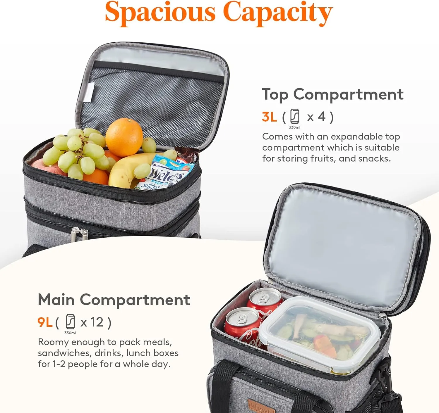 Lifewit Lunch Box for Men Women Double Deck Lunch Bag, Large Insulated Soft Cooler Bag, Leakproof Soft Meal Prep Lunch Tote with Shoulder Strap for Adults for Work/Flight/Travel, 12L/16Can, Grey