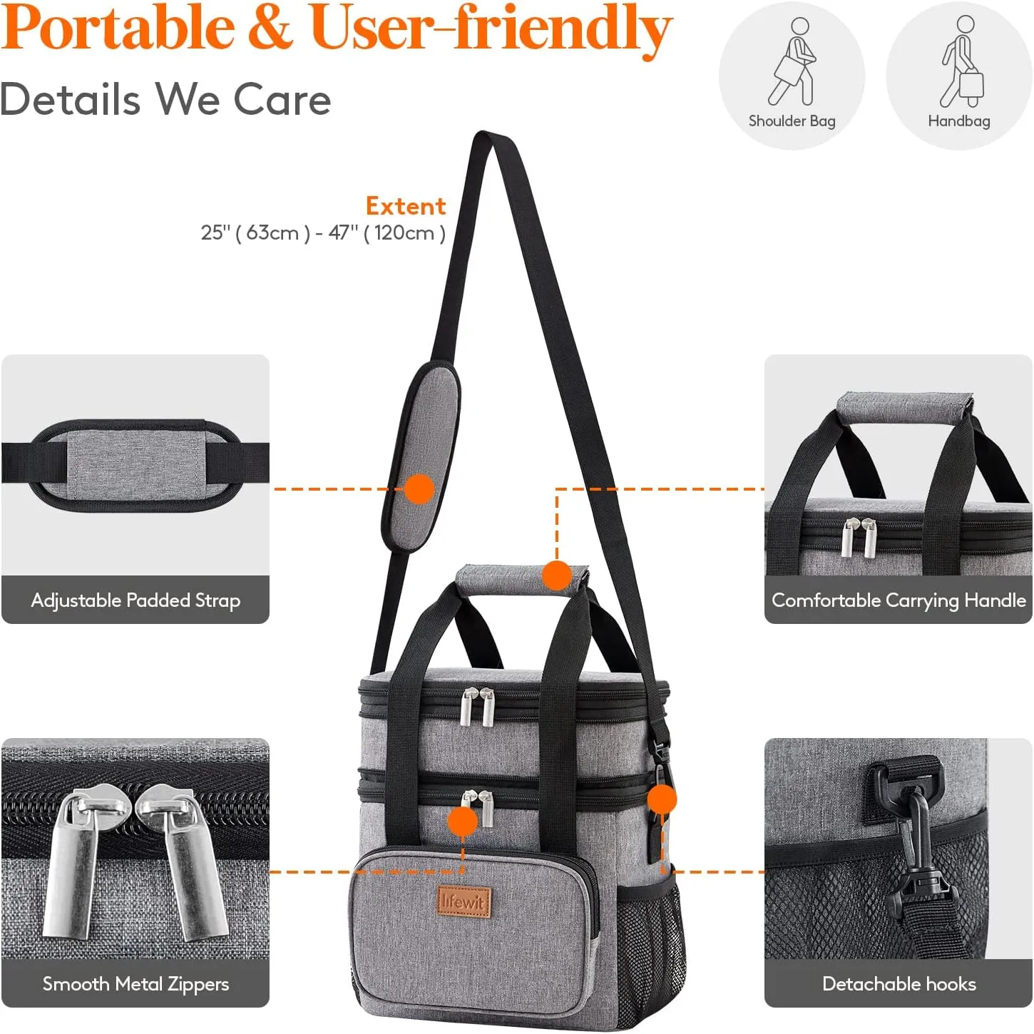 Lifewit Lunch Box for Men Women Double Deck Lunch Bag, Large Insulated Soft Cooler Bag, Leakproof Soft Meal Prep Lunch Tote with Shoulder Strap for Adults for Work/Flight/Travel, 12L/16Can, Grey