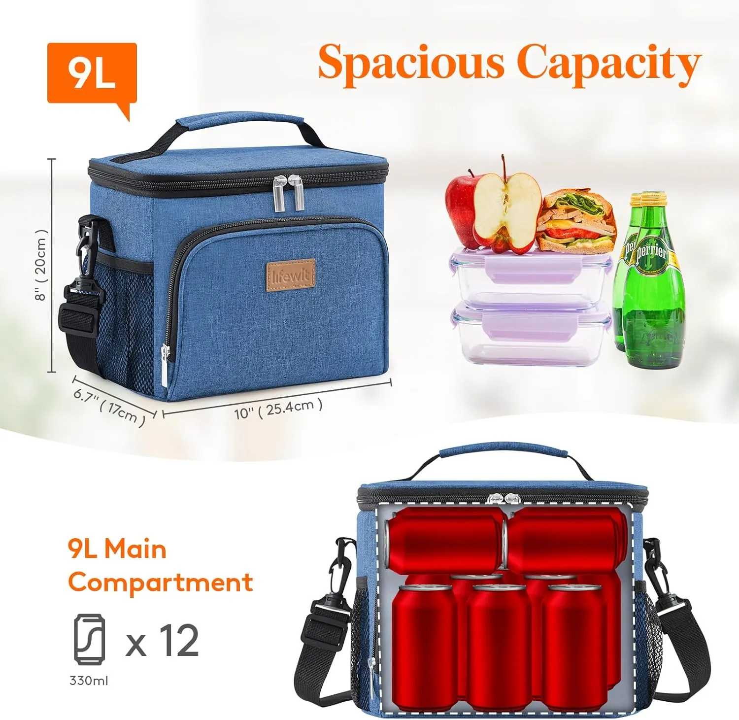 Lifewit Reusable Insulated Lunch Bag for Men, Lunch Box Women, Portable Cooler Freezable Soft Lunchbox Leakproof with Adjustable Shoulder Strap for Adult for Work Picnic or Travel, Dark Blue 9L