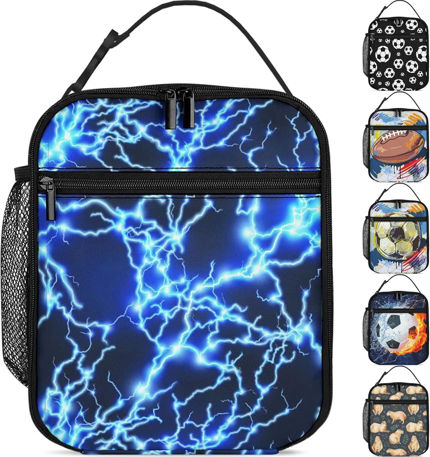 Lightning Lunch Box Boys Girls Insulated Lunch Bag Reusable Lunchbox with Side Pocket, Blue Lunch Box for Girls Boys Teen, Waterproof Lunch Tote Bag for Women Men Kids Work Office School Picnic