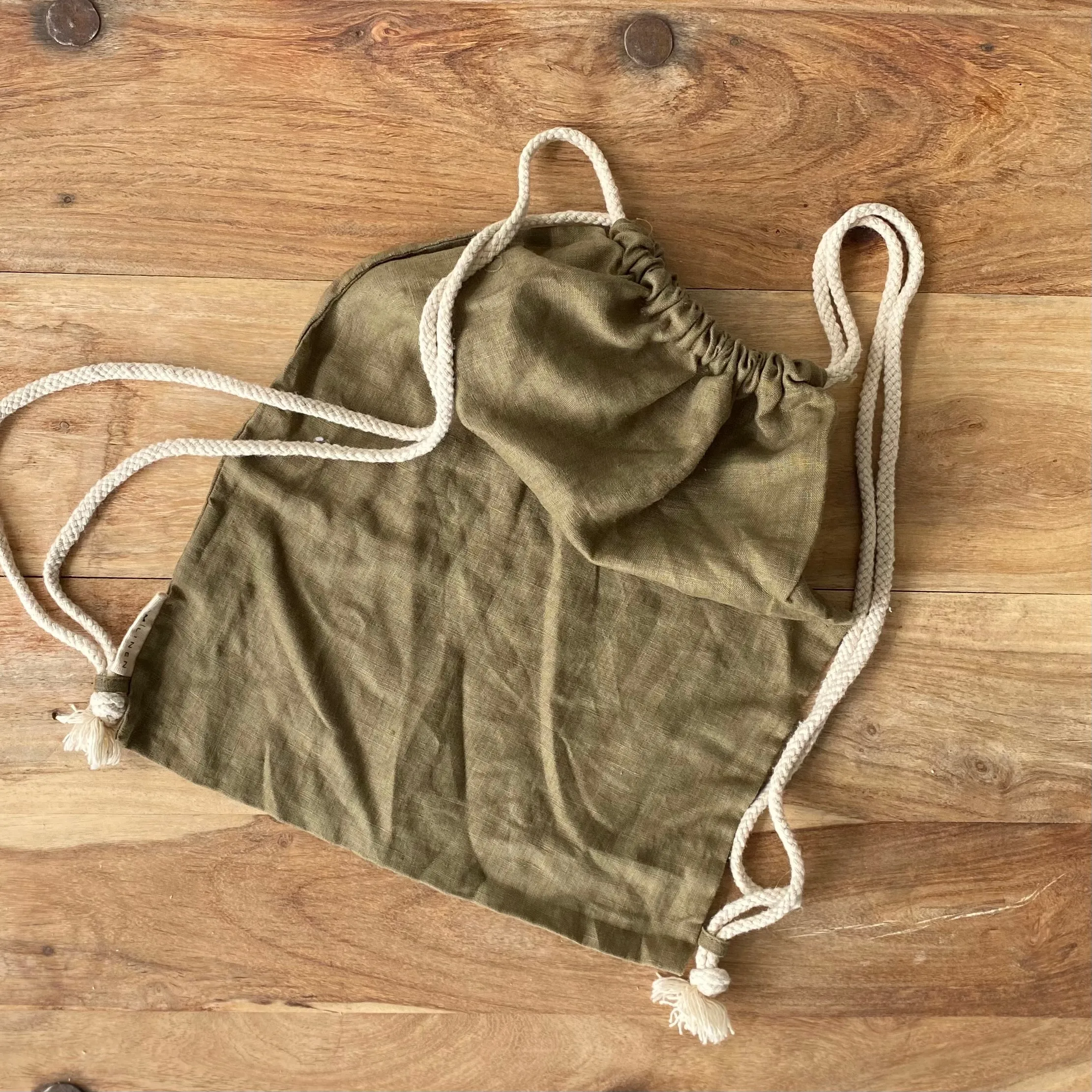 Linen Drawstring Mini Sack OLIVE