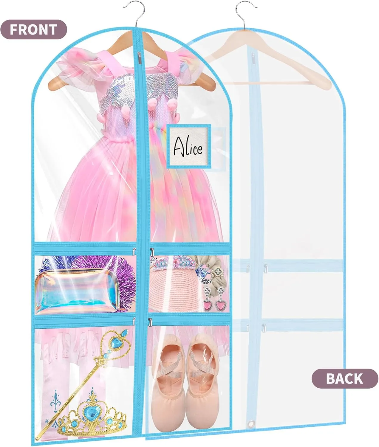 Linodes Dance Costume Bags Garment Bag 40''x22'' Waterproof for Dance Travel/Competition Storage with 2 Small, 2 Medium Clear Zipper Pockets and 1 Large Back Zipper Pocket-PVC (Blue-PVC, 40''- 3 Pack)