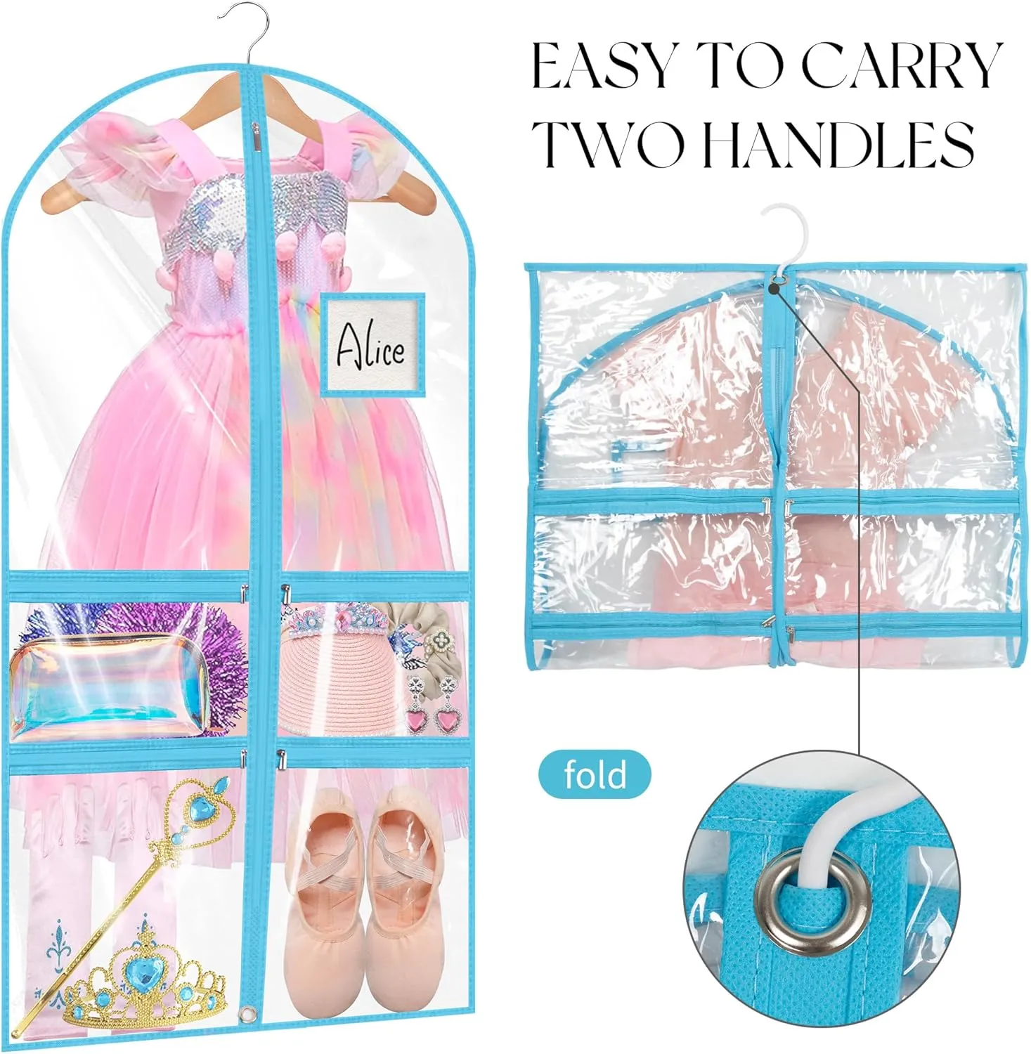 Linodes Dance Costume Bags Garment Bag 40''x22'' Waterproof for Dance Travel/Competition Storage with 2 Small, 2 Medium Clear Zipper Pockets and 1 Large Back Zipper Pocket-PVC (Blue-PVC, 40''- 3 Pack)