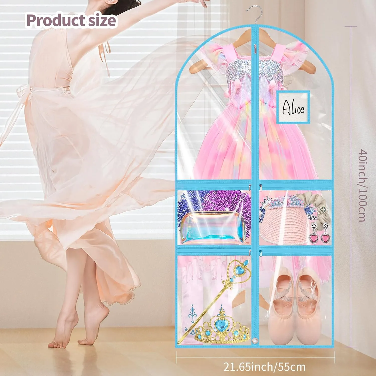 Linodes Dance Costume Bags Garment Bag 40''x22'' Waterproof for Dance Travel/Competition Storage with 2 Small, 2 Medium Clear Zipper Pockets and 1 Large Back Zipper Pocket-PVC (Blue-PVC, 40''- 6 Pack)