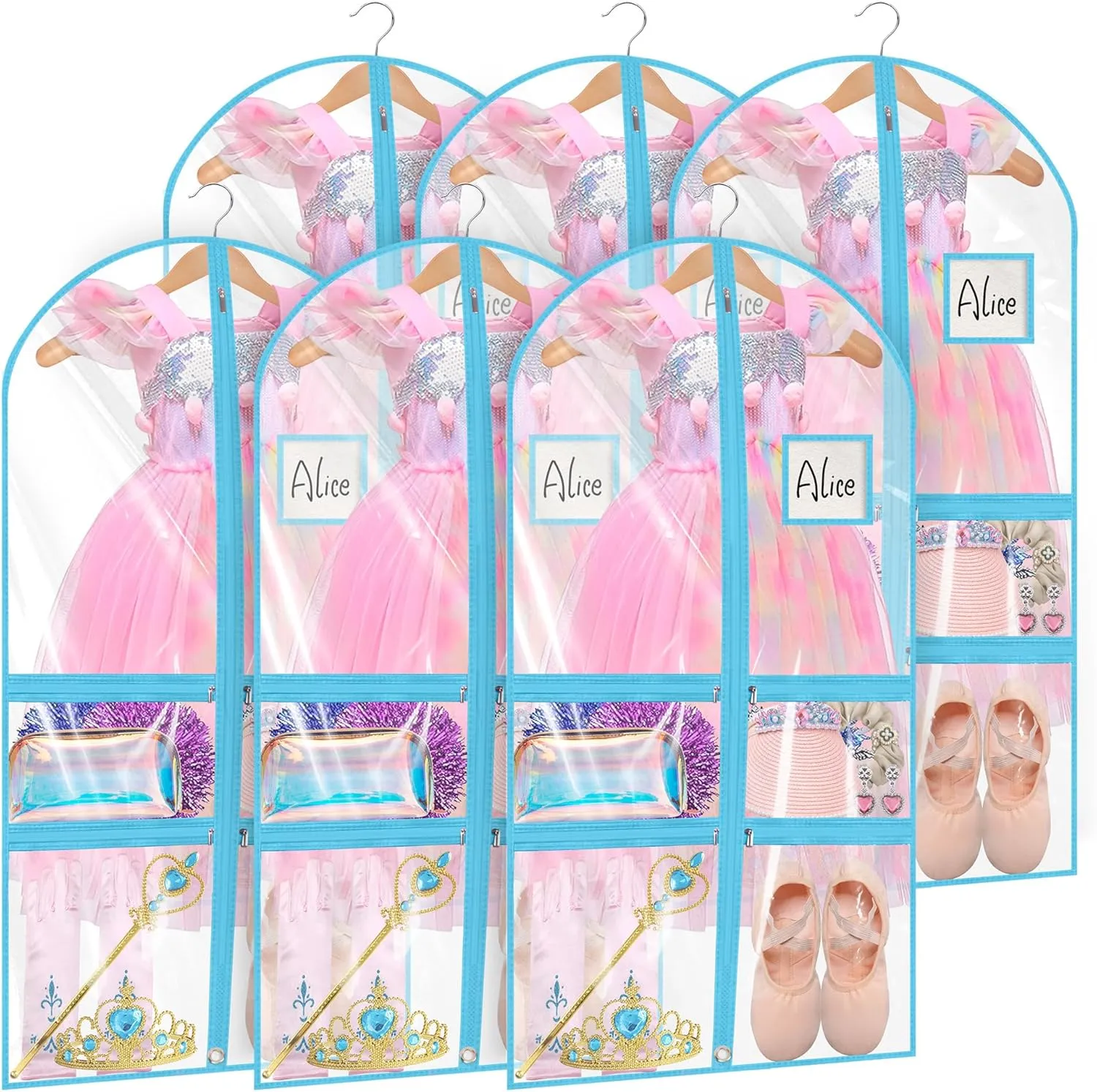 Linodes Dance Costume Bags Garment Bag 40''x22'' Waterproof for Dance Travel/Competition Storage with 2 Small, 2 Medium Clear Zipper Pockets and 1 Large Back Zipper Pocket-PVC (Blue-PVC, 40''- 6 Pack)
