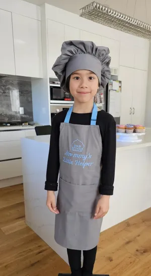 Littlebit & Vix Kids Apron Boy or Girl Chef Hat Gift Set Cute Child Apron - Gray Blue