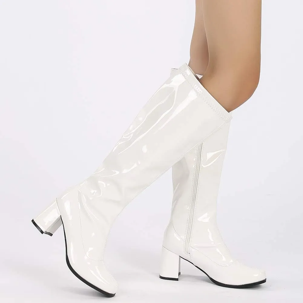 LIURUIJIA Women's Gogo Boots Knee High Block Heel Square Toe 70s Disco Costume Boots