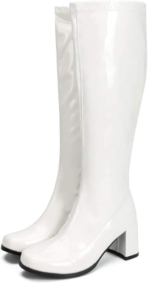 LIURUIJIA Women's Gogo Boots Knee High Block Heel Square Toe 70s Disco Costume Boots