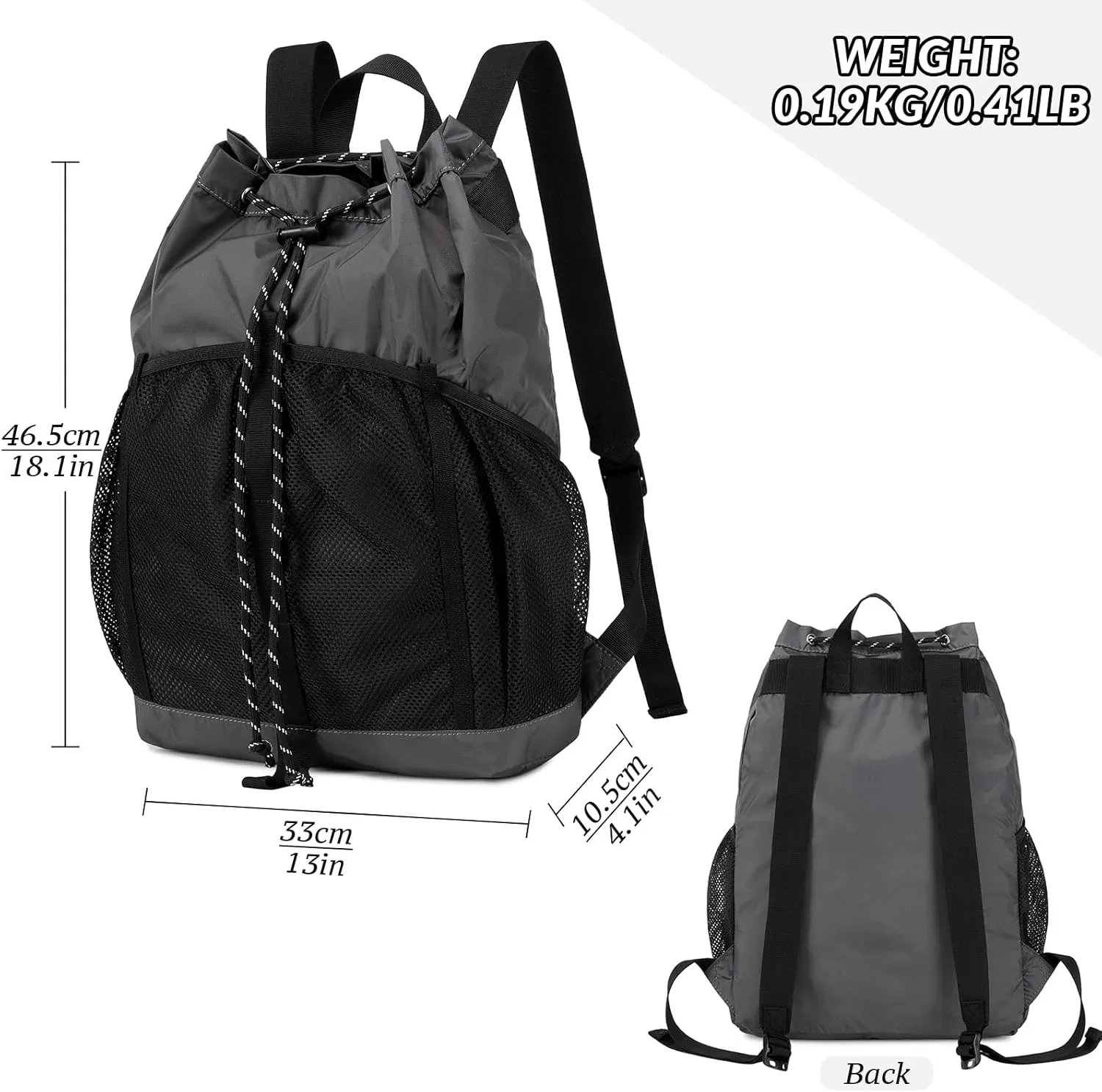 Lohol Lightweight Nylon Drawstring Backpack with Mesh Pockets for Women Men, Water Resistant String Bag for Sports Beach Swimming Camp Travel (Dark Grey)