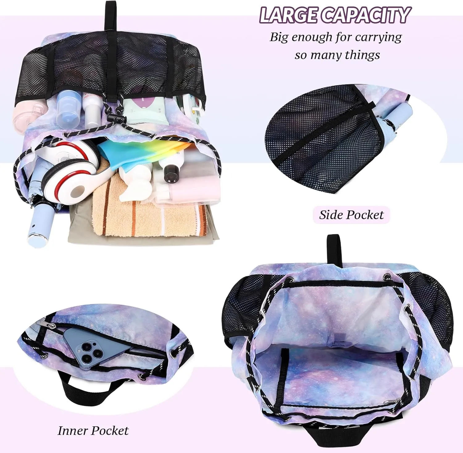 Lohol Lightweight Nylon Drawstring Backpack with Mesh Pockets for Women Men, Water Resistant String Bag for Sports Beach Swimming Camp Travel (Dark Grey)