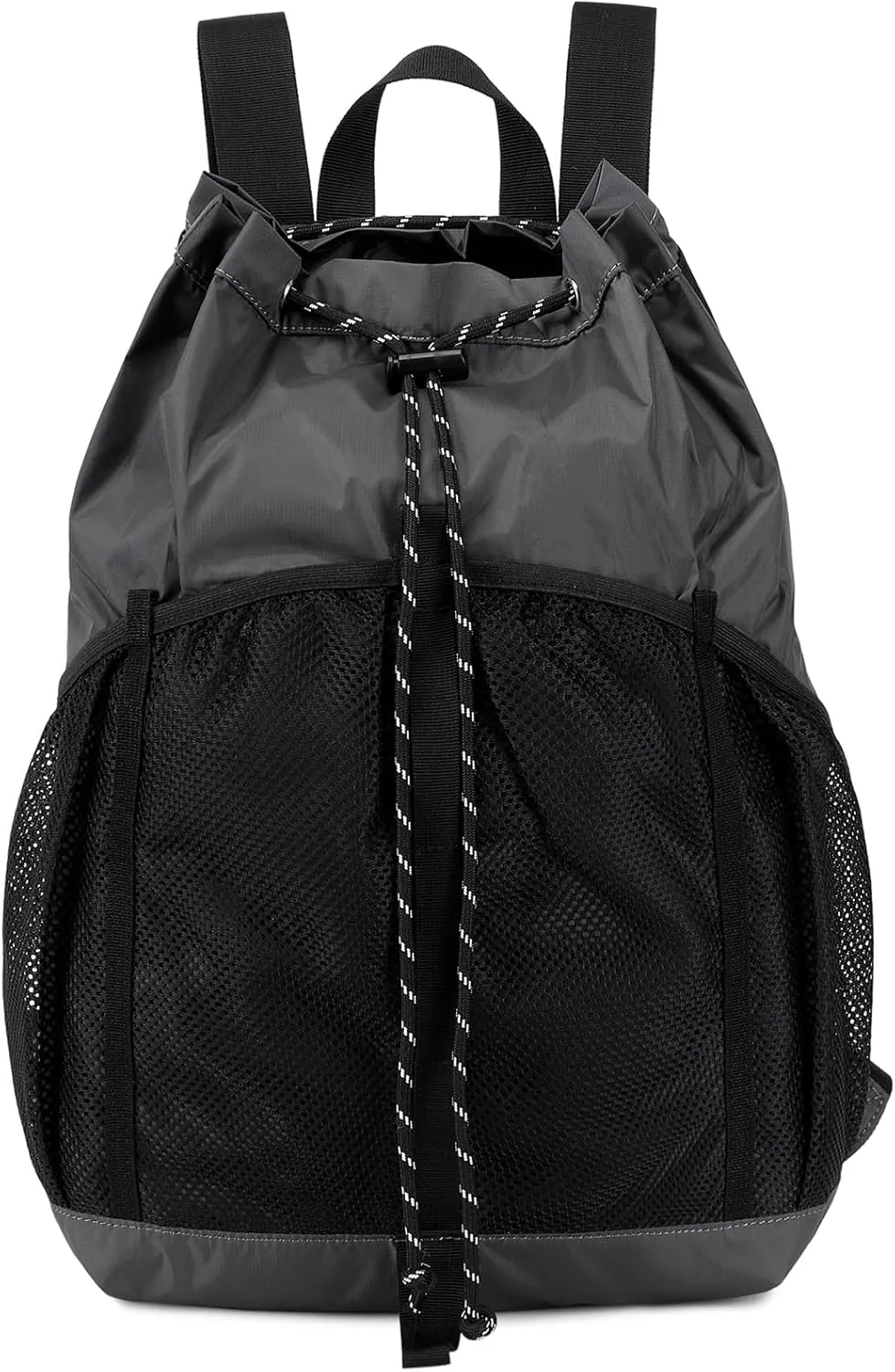 Lohol Lightweight Nylon Drawstring Backpack with Mesh Pockets for Women Men, Water Resistant String Bag for Sports Beach Swimming Camp Travel (Dark Grey)