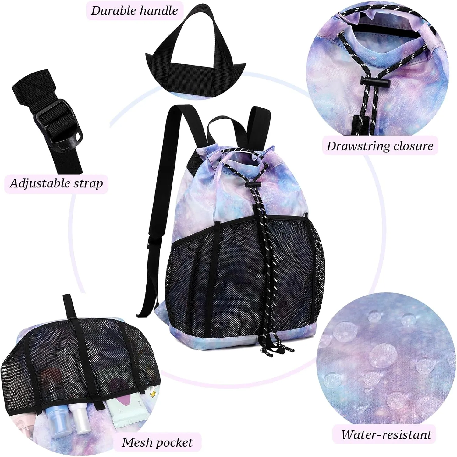 Lohol Lightweight Nylon Drawstring Backpack with Mesh Pockets for Women Men, Water Resistant String Bag for Sports Beach Swimming Camp Travel (Dark Grey)