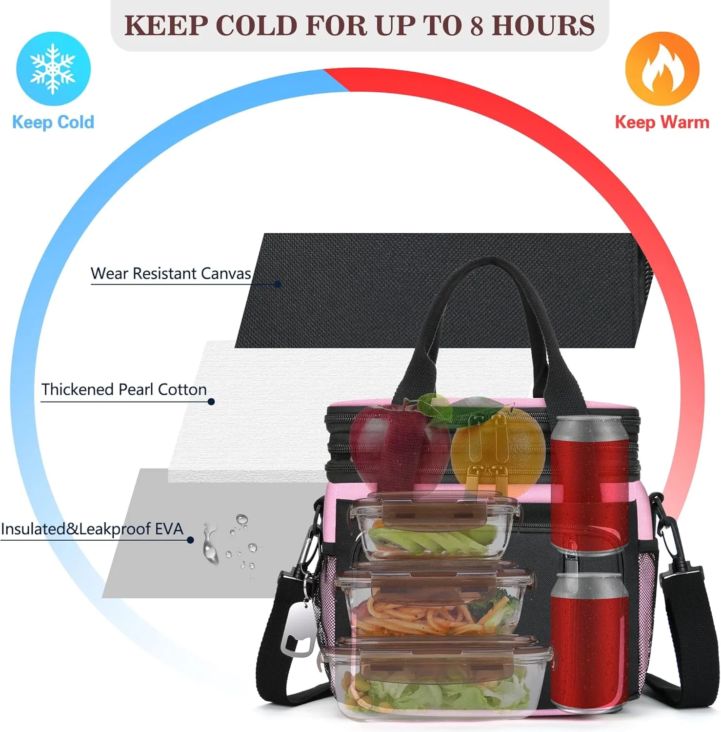 LOKASS Lunch Bag & Lunch Box for Men Women - Double Deck Expandable Insulated Waterproof Leakproof Cooler Bag for Work/Picnic - Pink