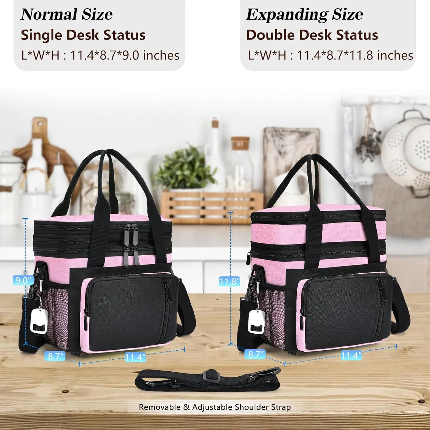 LOKASS Lunch Bag & Lunch Box for Men Women - Double Deck Expandable Insulated Waterproof Leakproof Cooler Bag for Work/Picnic - Pink
