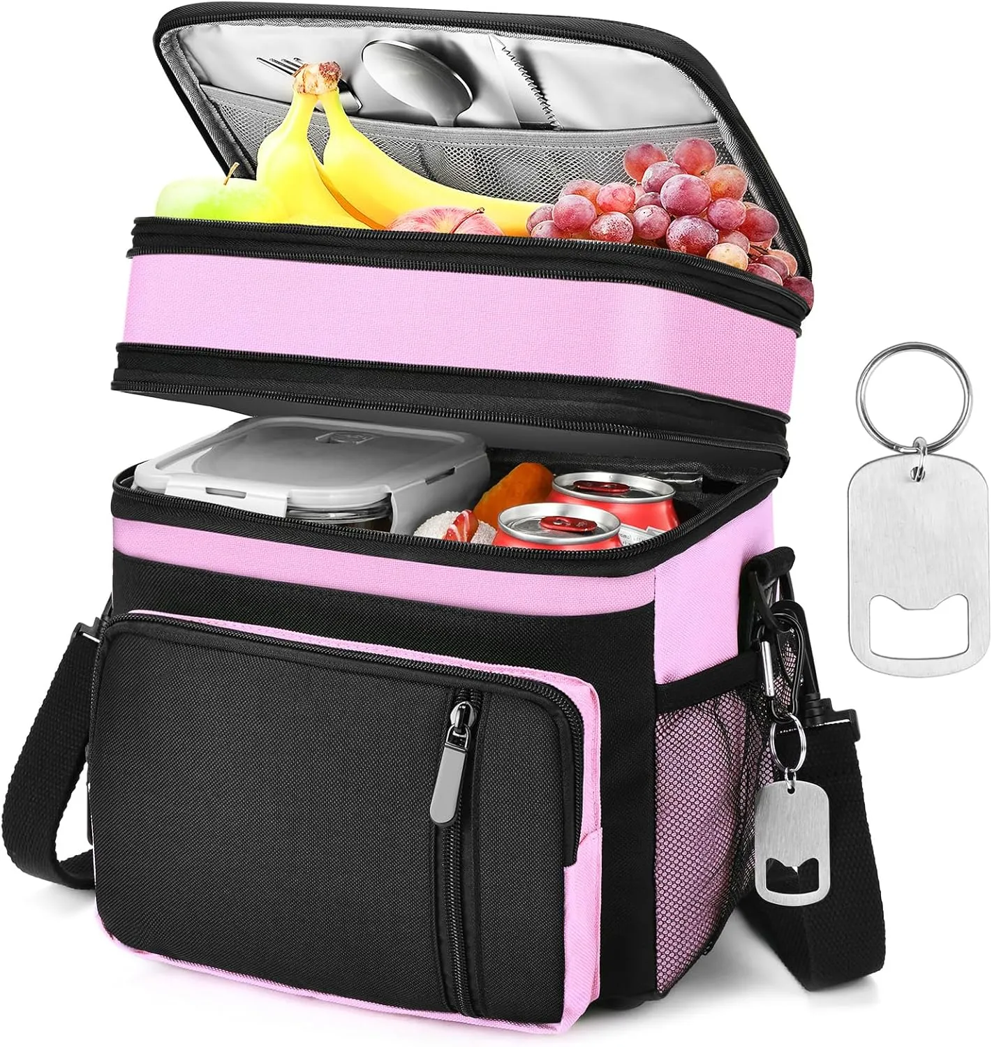 LOKASS Lunch Bag & Lunch Box for Men Women - Double Deck Expandable Insulated Waterproof Leakproof Cooler Bag for Work/Picnic - Pink