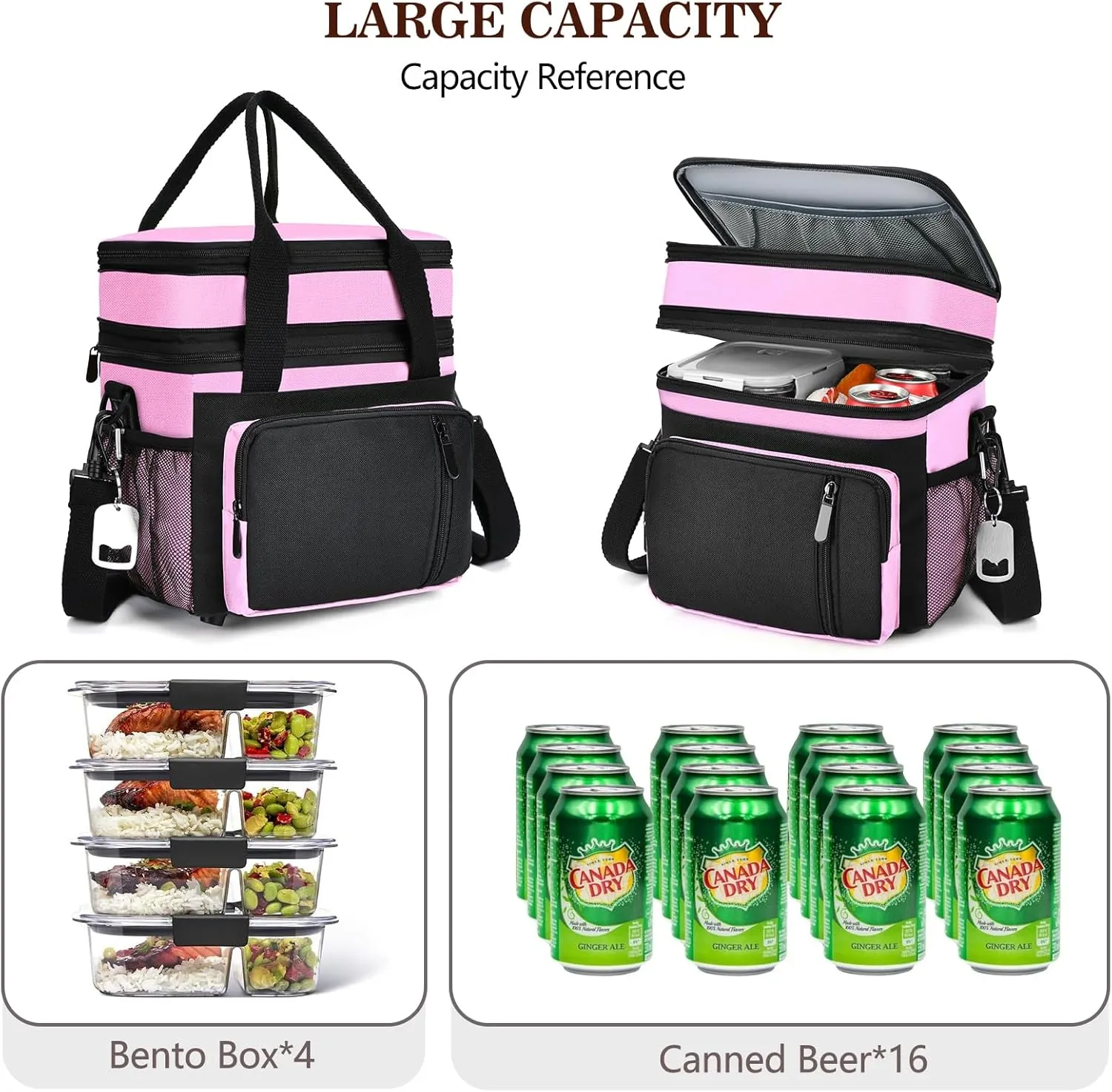 LOKASS Lunch Bag & Lunch Box for Men Women - Double Deck Expandable Insulated Waterproof Leakproof Cooler Bag for Work/Picnic - Pink
