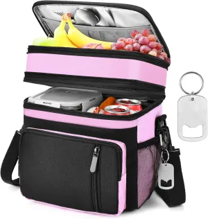 LOKASS Lunch Bag & Lunch Box for Men Women - Double Deck Expandable Insulated Waterproof Leakproof Cooler Bag for Work/Picnic - Pink