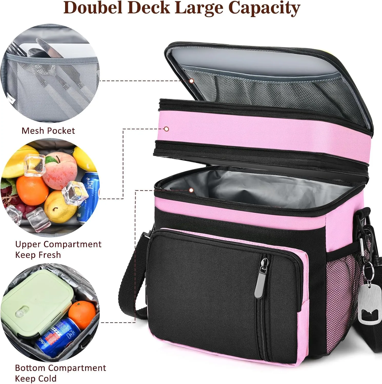 LOKASS Lunch Bag & Lunch Box for Men Women - Double Deck Expandable Insulated Waterproof Leakproof Cooler Bag for Work/Picnic - Pink