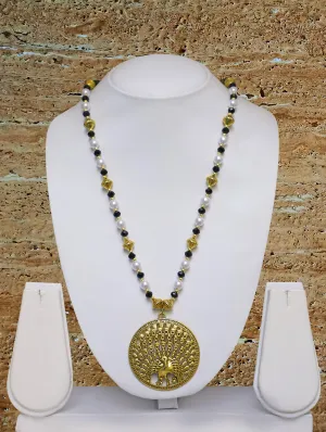 Long Mangalsutra Designs Gold Plated Latest Big Crystal Black Beads Chain Peacock Pendant Oxidized 30 Inches Mangalsutra