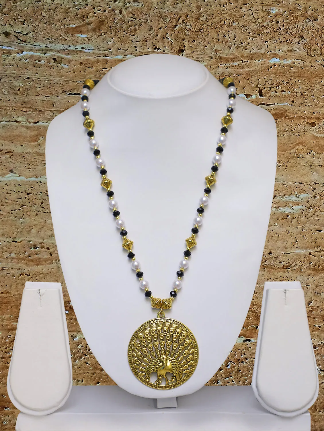 Long Mangalsutra Designs Gold Plated Latest Big Crystal Black Beads Chain Peacock Pendant Oxidized 30 Inches Mangalsutra