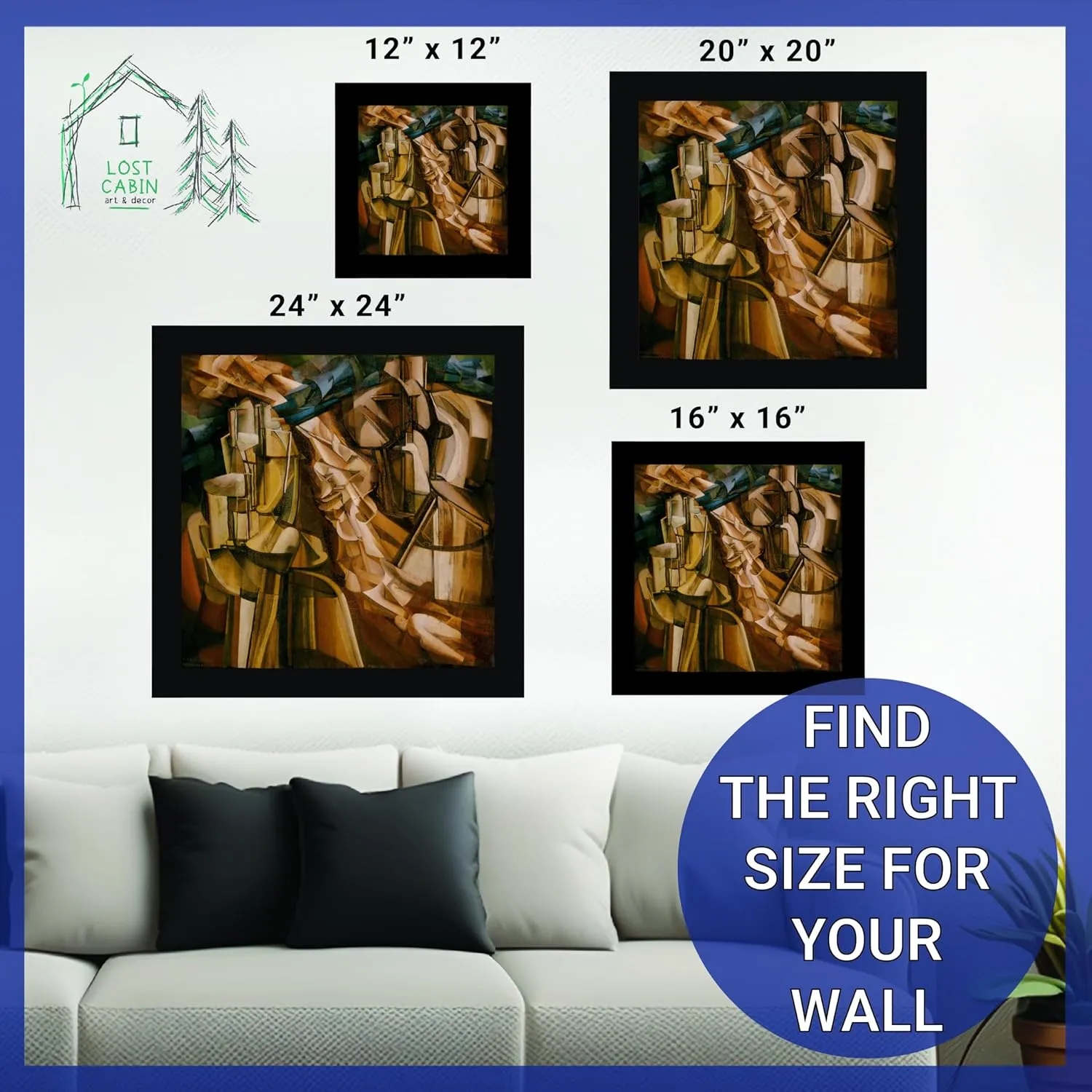 Lost Cabin The King & Queen Surrounded by Swift Nudes by Marcel Duchamp | Canvas Black Flat Frame | Fine Artwork Painting Reproduction | Framed Wall Art Decor Poster | Image: 16x16 Frame: 18x18