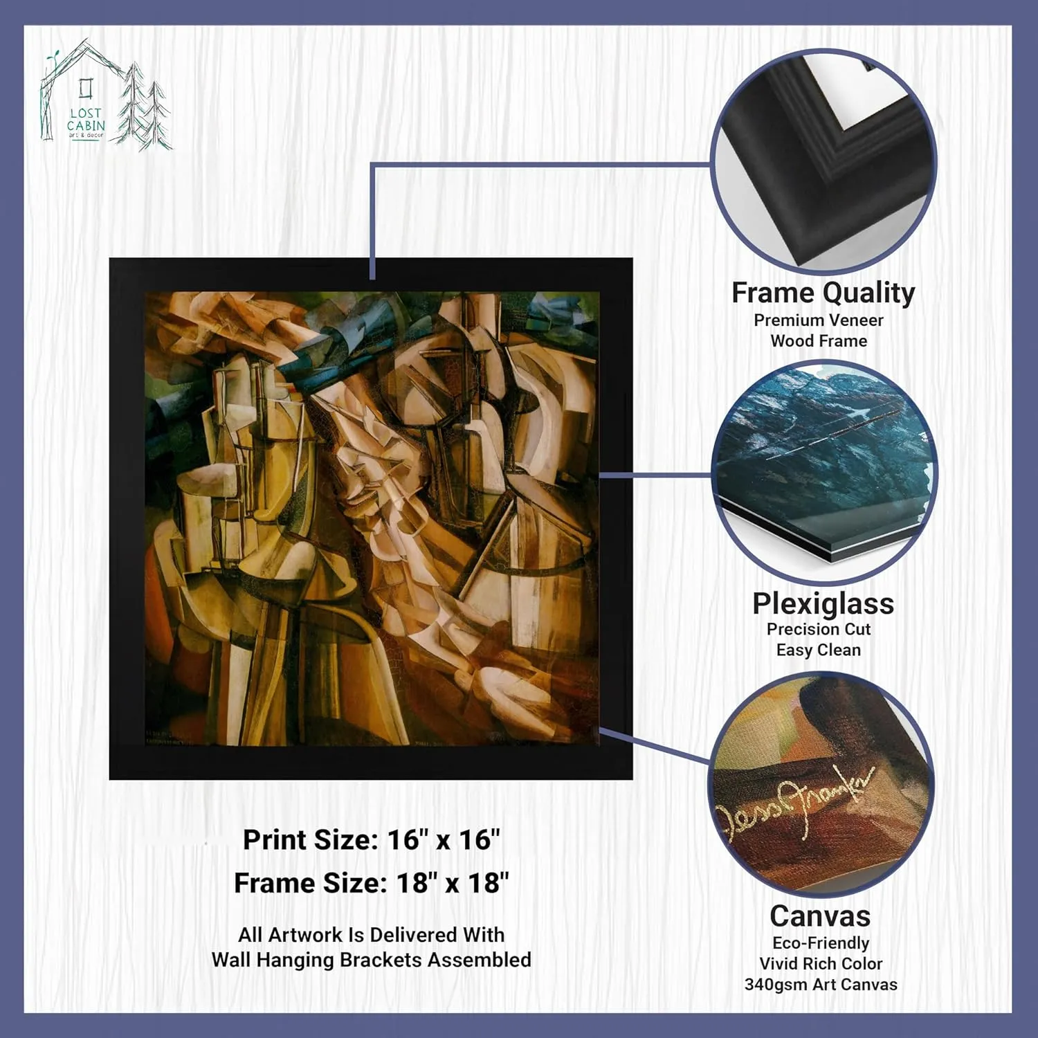 Lost Cabin The King & Queen Surrounded by Swift Nudes by Marcel Duchamp | Canvas Black Flat Frame | Fine Artwork Painting Reproduction | Framed Wall Art Decor Poster | Image: 16x16 Frame: 18x18