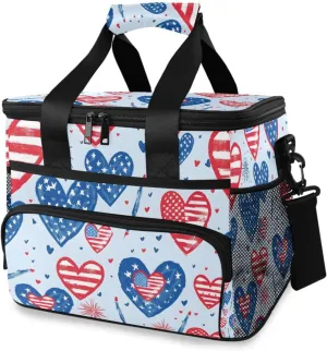 Love Heart American Blue Star Flag Cooler Bag Insulated Cooler Soft Sided Cooler 24 Can Portable Picnic Bag Large Leakproof Lunch Bag Box for Beach Grocery Camping Travel Car Men Women