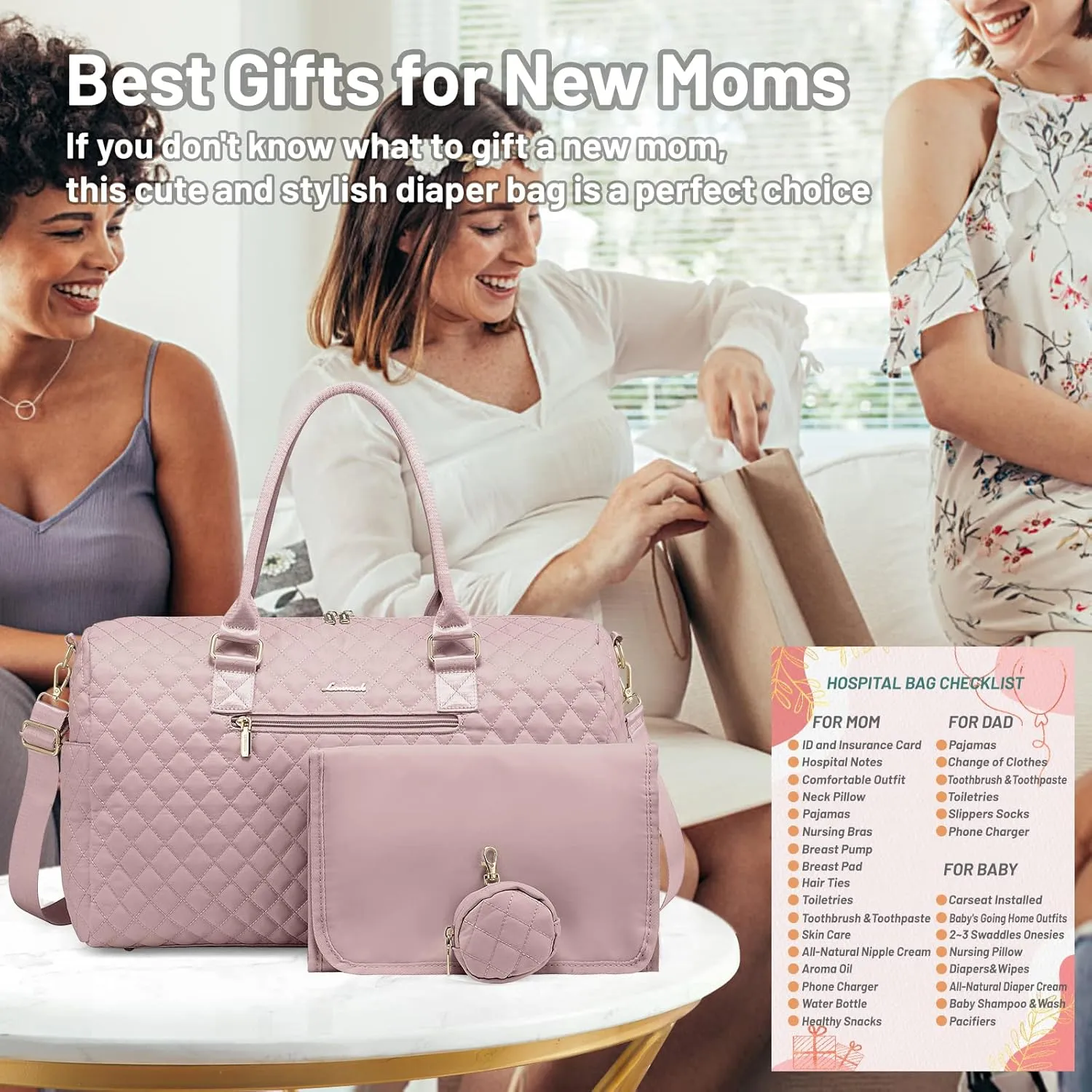 LOVEVOOK Diaper Bag Tote with Pacifier Case and Changing Pad, Large Capacity Mommy Bag for Hospital and Weekender Travel, Functional Baby Bag Newborn Baby Essential, Pink