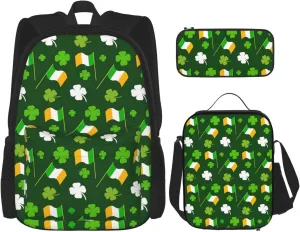 Lucky Four Leaf Clover Shamrock Ireland Flag Irish St Patrick's Day Multifunctional Pocket Backpack Crossbody Lunch Bag Pencil Case 3Pcs Set Large Capacity Backpack