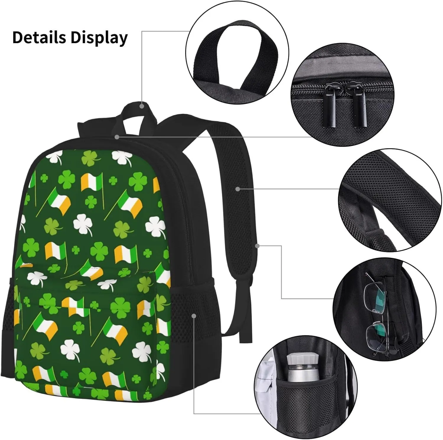 Lucky Four Leaf Clover Shamrock Ireland Flag Irish St Patrick's Day Multifunctional Pocket Backpack Crossbody Lunch Bag Pencil Case 3Pcs Set Large Capacity Backpack