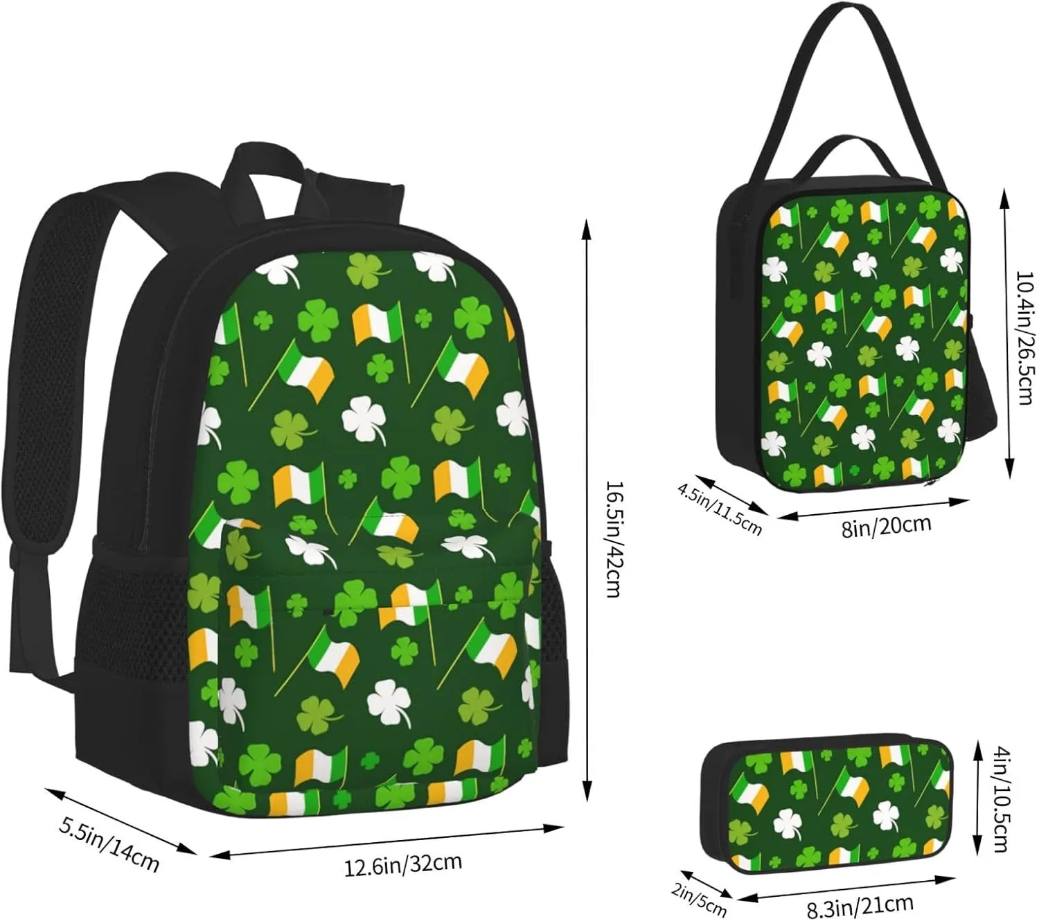 Lucky Four Leaf Clover Shamrock Ireland Flag Irish St Patrick's Day Multifunctional Pocket Backpack Crossbody Lunch Bag Pencil Case 3Pcs Set Large Capacity Backpack