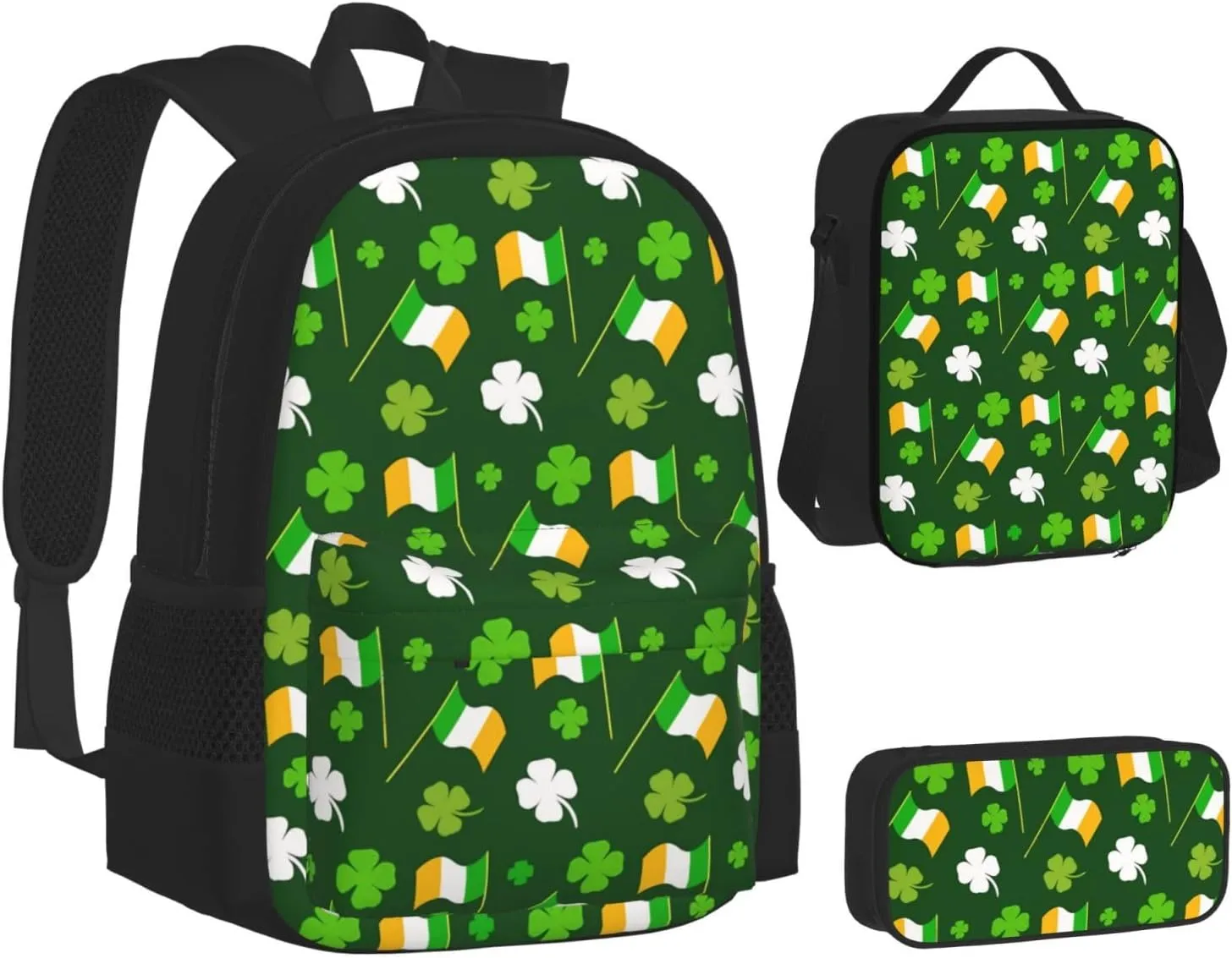 Lucky Four Leaf Clover Shamrock Ireland Flag Irish St Patrick's Day Multifunctional Pocket Backpack Crossbody Lunch Bag Pencil Case 3Pcs Set Large Capacity Backpack