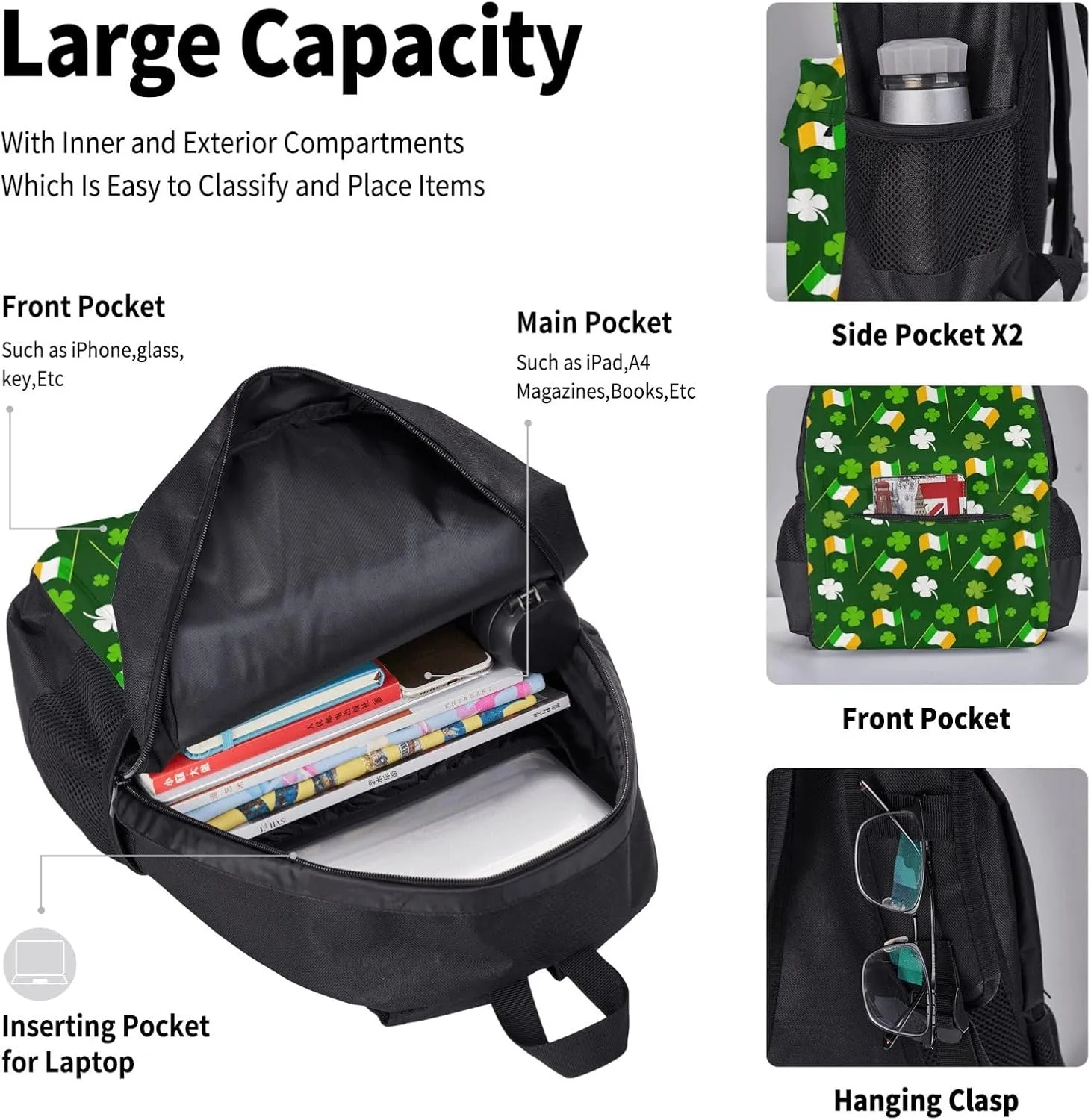 Lucky Four Leaf Clover Shamrock Ireland Flag Irish St Patrick's Day Multifunctional Pocket Backpack Crossbody Lunch Bag Pencil Case 3Pcs Set Large Capacity Backpack