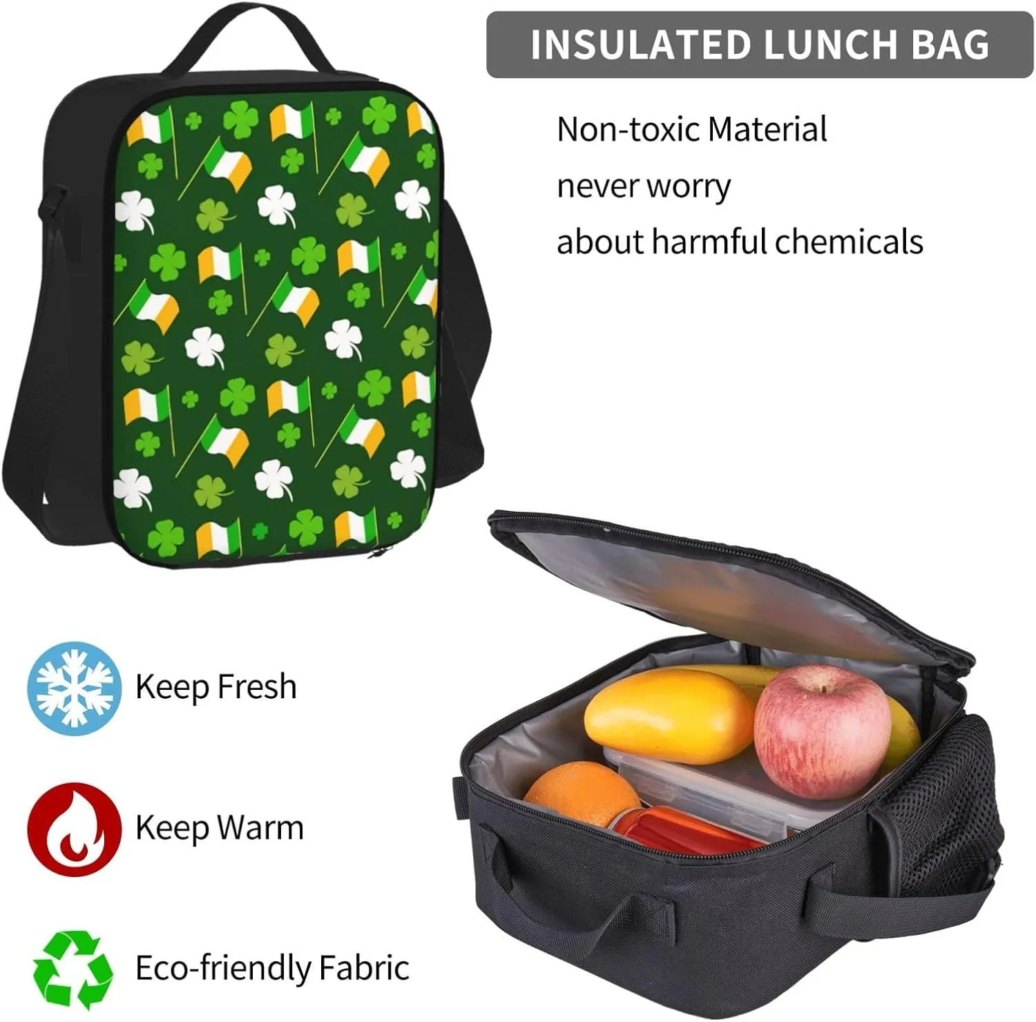 Lucky Four Leaf Clover Shamrock Ireland Flag Irish St Patrick's Day Multifunctional Pocket Backpack Crossbody Lunch Bag Pencil Case 3Pcs Set Large Capacity Backpack