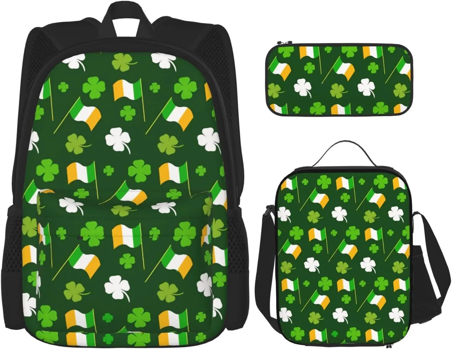 Lucky Four Leaf Clover Shamrock Ireland Flag Irish St Patrick's Day Multifunctional Pocket Backpack Crossbody Lunch Bag Pencil Case 3Pcs Set Large Capacity Backpack